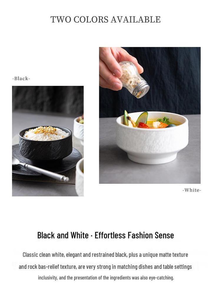 Black and White Ceramic Rice Bowl - Rock Texture Household Tableware for Soup, Salad, Dessert