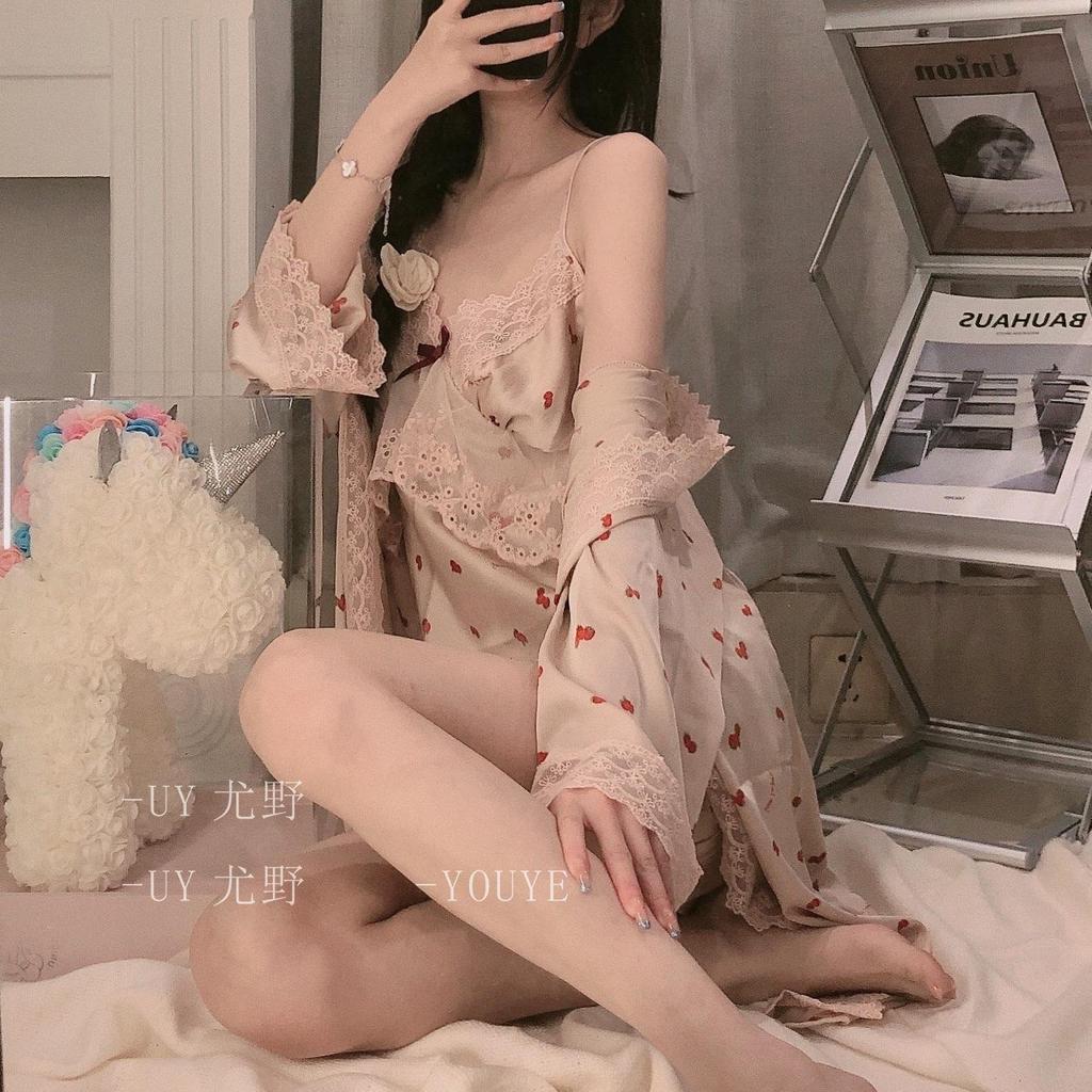 Sexy Pajamas Women Ice Ribbon Chest Pad Strawberry Girl Lace Printed Pajamas Suspender Two-piece Set Women