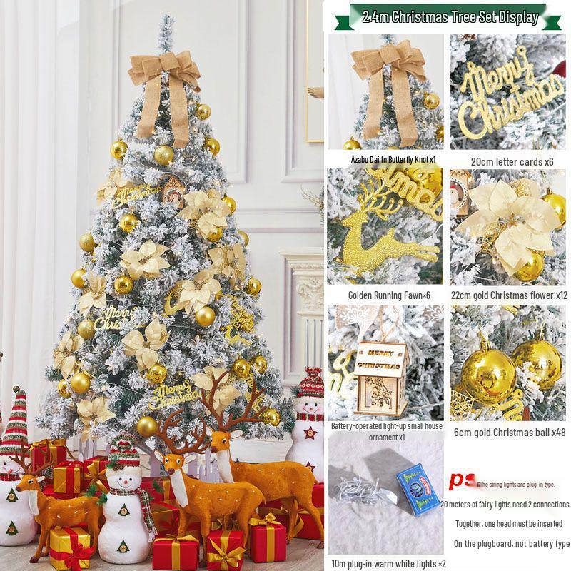 Golden Christmas Tree Set with Ornaments: 1.5m, 1.8m, 2.1m Flocked Pine with White Snow