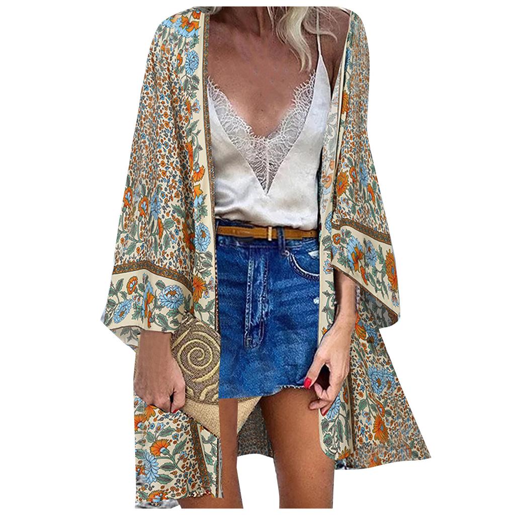 Damski letni swobodny, modny nadruk z rękawami, luźny, świąteczny, długi kardigan