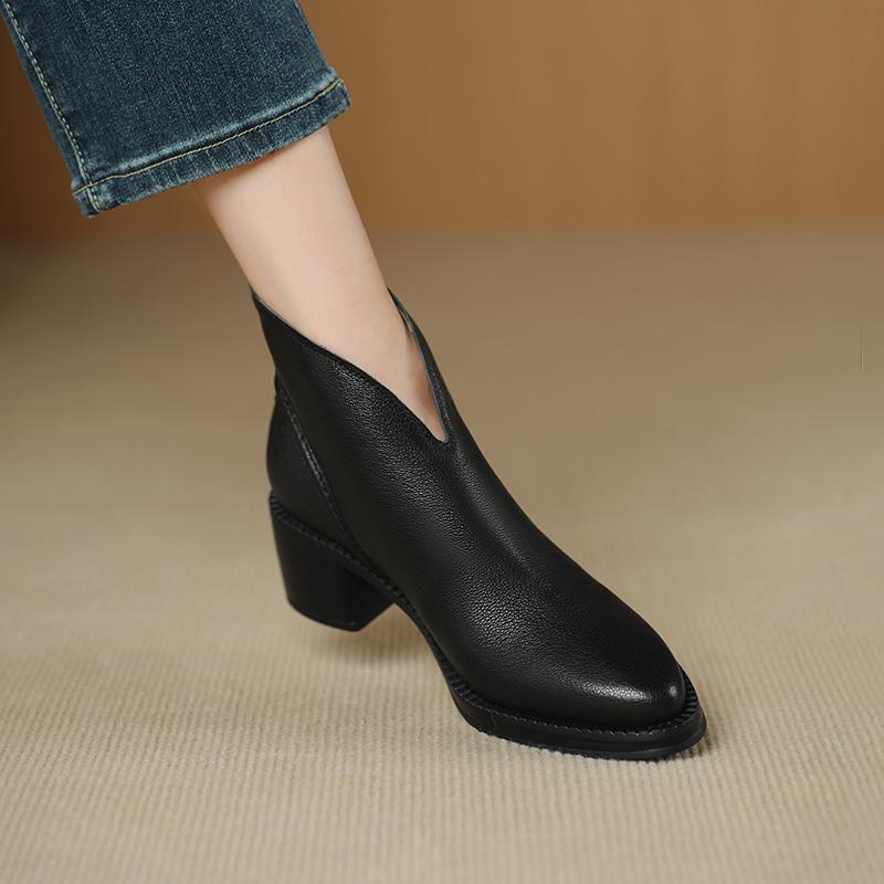 Fashion 2025 Autumn Women Boots Pointed Toe Chunky Heel Sheepskin Leather Women Shoes Short Modern Boots Winter High Heel Mid-calf Boots