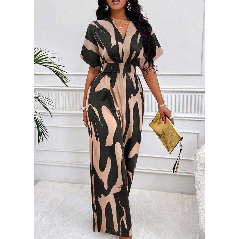 

Short Sleeve Print Fitted Waist Jumpsuit Fashion Wide-Leg Women Short Sleeve Printed Jumpsuit Card Pink L