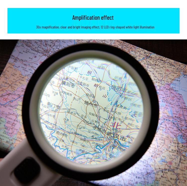 30x Handheld Magnifying Glass with 12 LED Lights for Elderly Reading