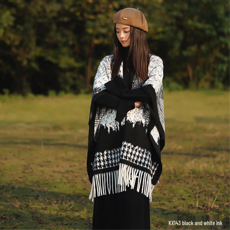 Ethnic Ink Painting Tassel Shawl Cape - Imitation Cashmere, Women's Travel Outfit