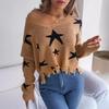 Autumn/Winter Casual V-Neck Star-Print Distressed Long-Sleeved Knitted Pullover for Women