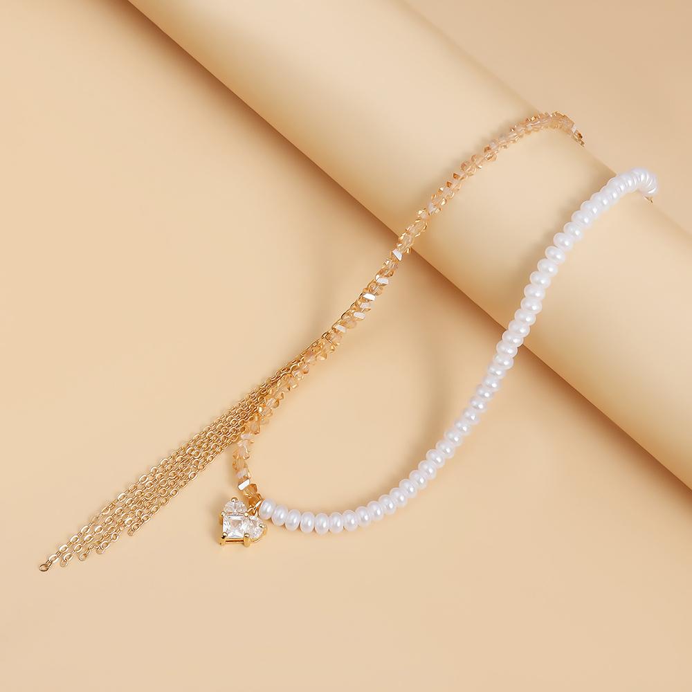 Vintage Cubic Zirconia Crystal Heart Pendant Geometric Crystal Imitation & Pearl Chain Necklace for Women Choker Jewelry N0499