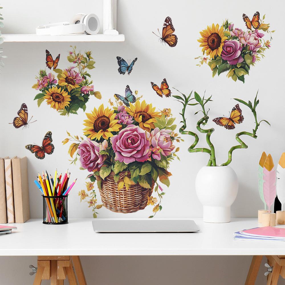 Hand Painted Sunflower Basket and Butterfly Wall Sticker for Bedroom Living Room Background Self-Adhesive Removable Home Decor