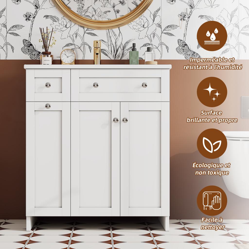 76 x 47 x 86 cm, Lavabo Autoportante, Laccato, Lavabo in Ceramica a Prova di Perdite, 8 Cassetti, Basso Rumore, Cerniere Soft-Close, Maniglie Argentate, Bianco.
