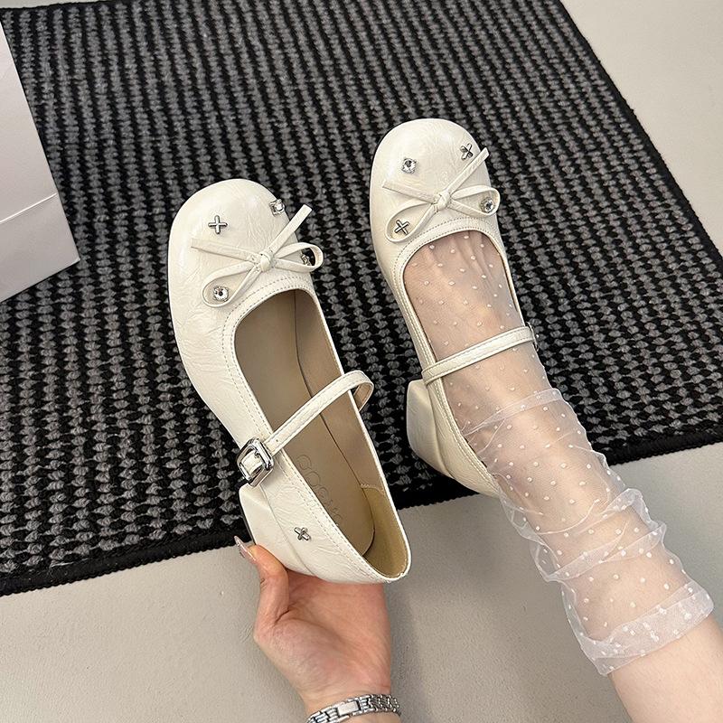 New silver little Mary Jane single shoes with skirt light mouth round head bow ballet French thick heel women's shoes