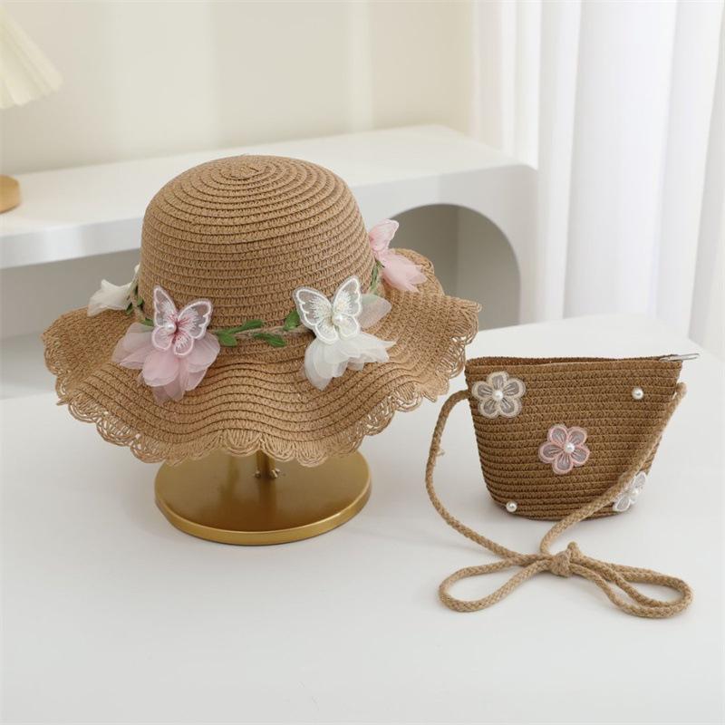 Children's Straw Hat Set with Shoulder Straps Cute Flower Hat and Tote Bag, Girls Baby 2 Pieces Children's Sun Protection Accessories
