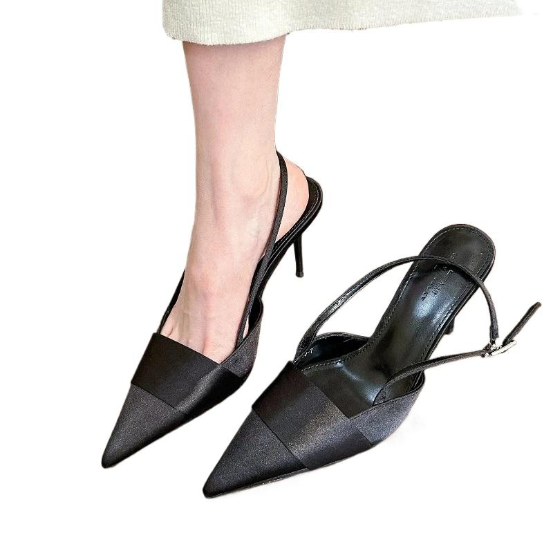 Fashion New  Fashion One Line with Summer Pointed Silver Silk Sandals Women's Bag Headed Back Hollow Thin Heels Women's Single Shoes