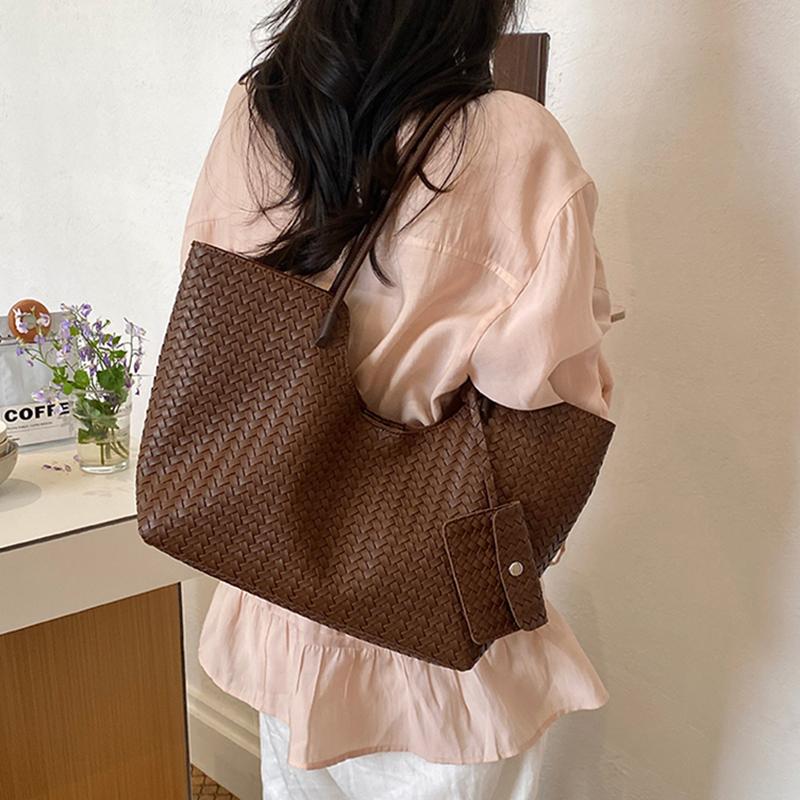 Vintage Woven Leather Tote Bag With Matching Pouch Large Capacity Shoulder Bag For Work Daily Commute Retro Casual Underarm Bag