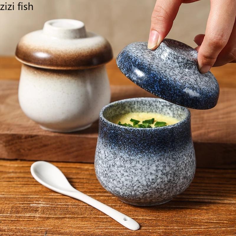 Retro Ceramic Bowl with Lid Restaurant Steamed Egg Bowl Dessert Bowl Soup Bowls Tea Bowls Molecular Food Specialty Tableware