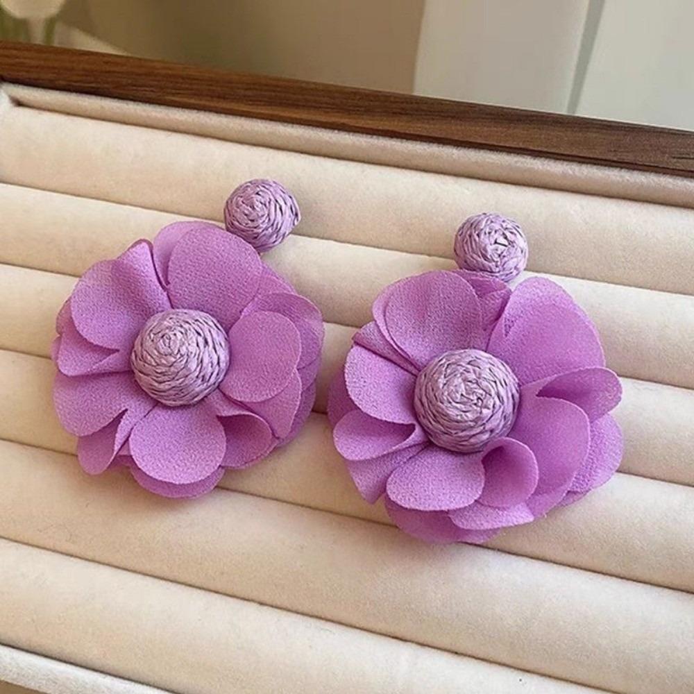 Colorful Long Drop Earrings Boho Style 3D Flower Fabric Earring Beach Party