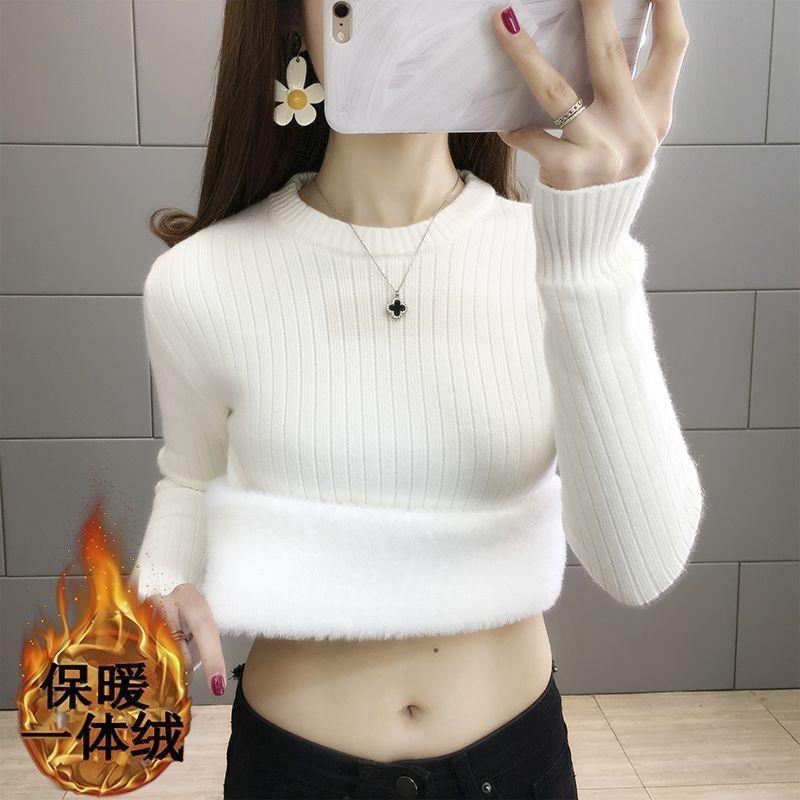 Fleece thickened round neck integrated fleece sweater women's top autumn and winter knitted sweater slim bottoming shirt with long sleeves inside