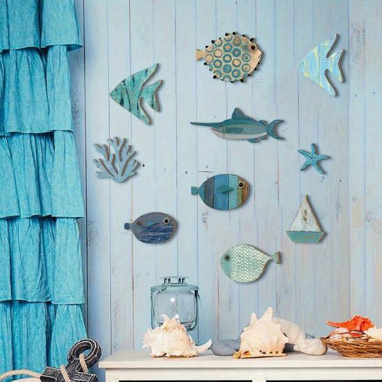 10Pcs Wooden Fish Wall Decoration School of Fish Beach Lake House Bathroom Wall Art Nautical Coastal Ocean Theme Hanging Ornament