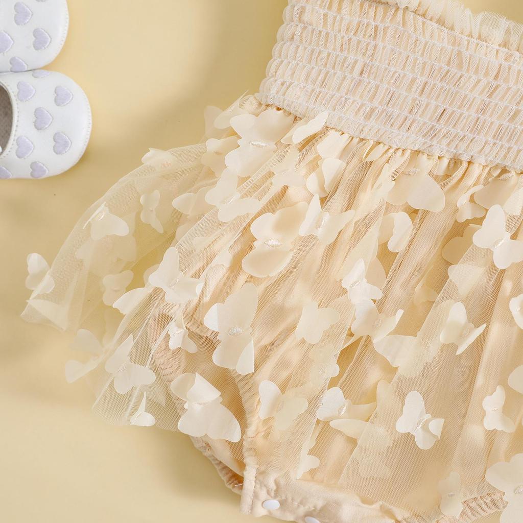Infant Girl Romper Dress Butterfly Decor Fly Sleeve Ruched Mesh Skirt 3 6 12 18 24 Months Hem Jumpsuits Newborn Clothes Baby Bodysuits with Headband