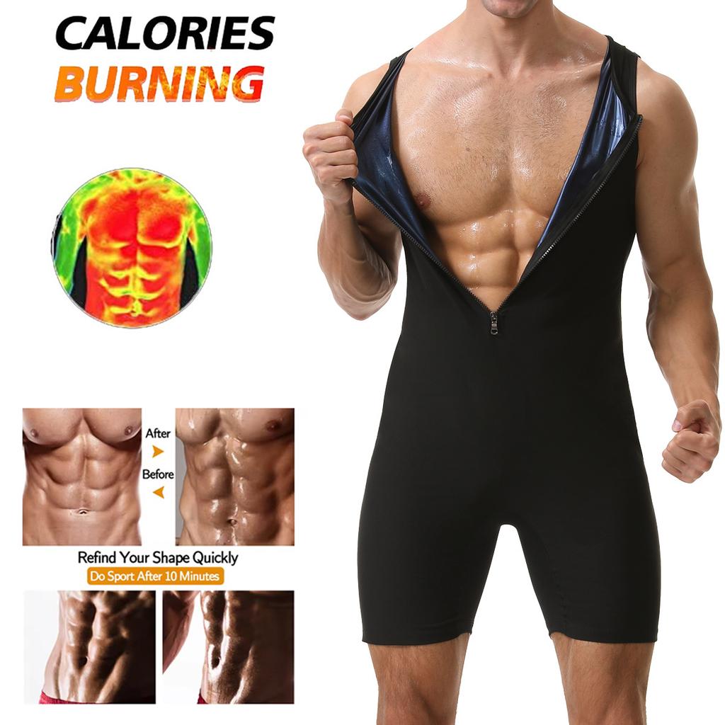 Combinaison Sauna Homme Gainant Body de Course Sweat à Fermeture Éclair Entraînement avec Short Maillot de Corps Fitness Musculation Combinaison d'Exercice Débardeur Combinaison
