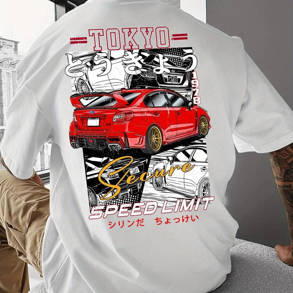 2026 Unisex Summer Streetwear T-Shirt Tokyo Speed Limit Graphic & Red Sports Car Print Loose Fit Casual Tee Print Summer
