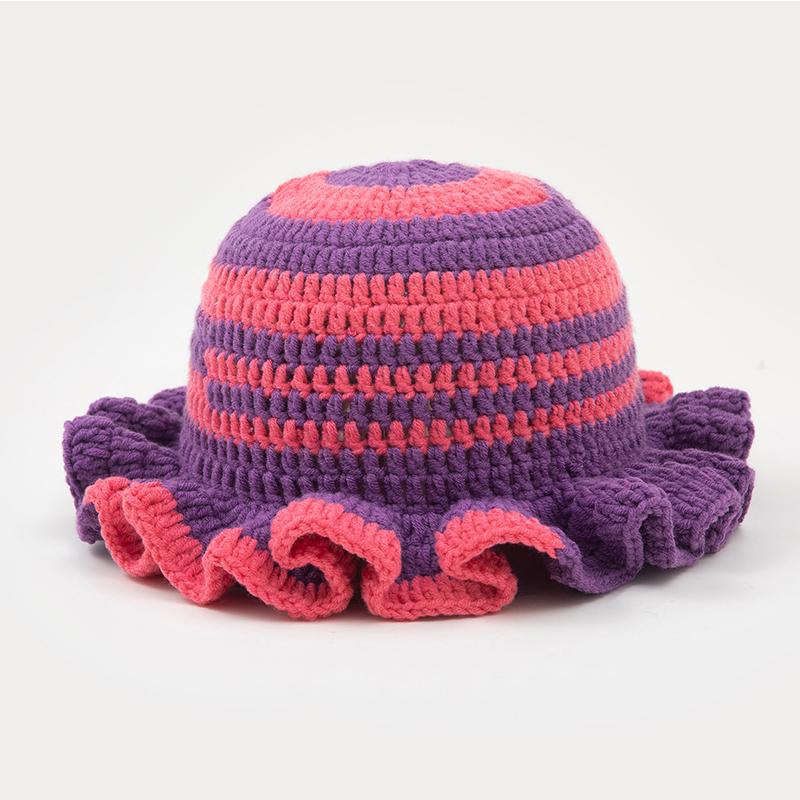 New Colorful Crochet Ruffle Brim Knit Bucket Hats Winter Woman Handmade Stretch Fisherman Cap Outdoor Warm Windproof Beanie Hat