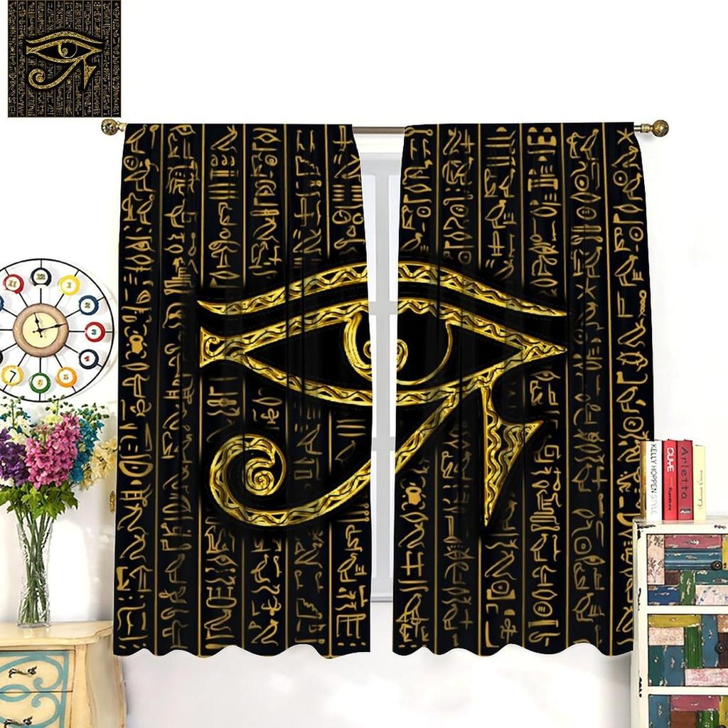 Ancient Egyptian Curtains Eye Horus Golden Hieroglyphs Print Window Treatments Living Curtain Vintage Made Of Polyester Washable