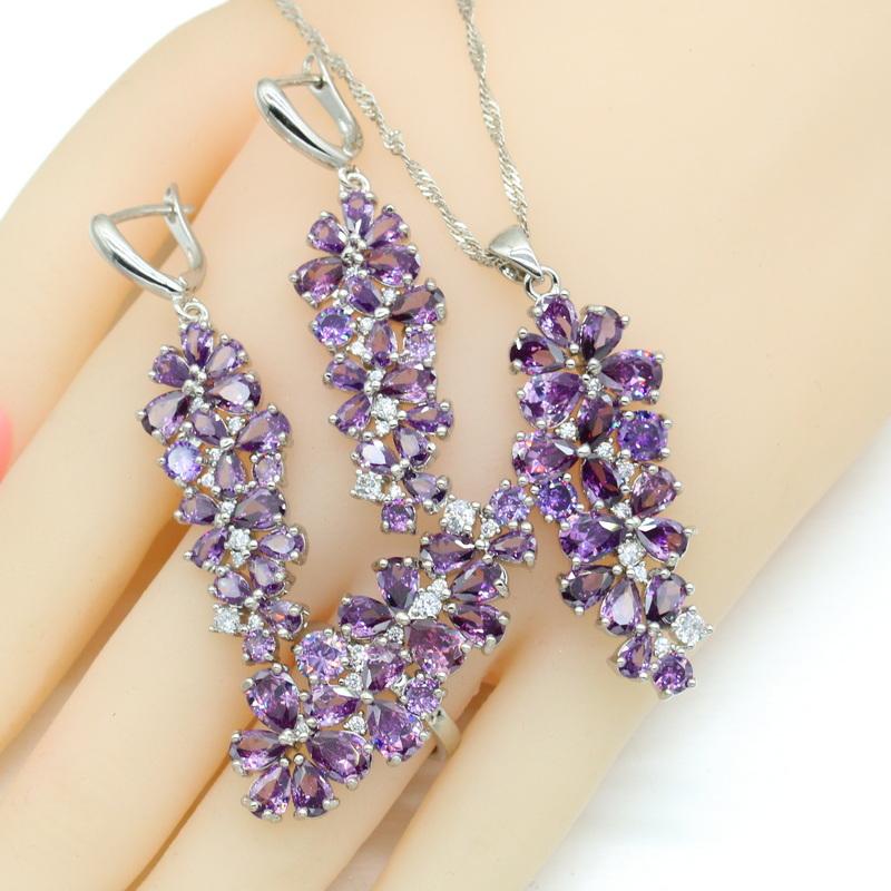 

New Color Bridal Jewelry Sets For Women White Purple Stones Necklace Pendant Bracelets Earrings Rings Gift Box MULTI&7