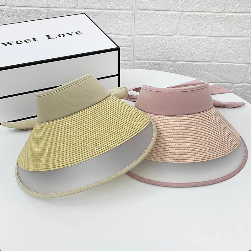 Sunscreen hat women's summer empty top hat straw braided splicing bow sunshade purple line travel no top sun hat