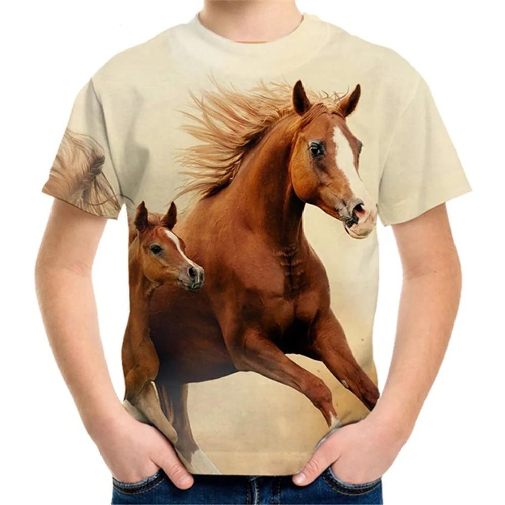 Summer Round Neck 3D Horse Pattern Printed Top Fashionable Casual Short Sleeved Children's Boy T-shirts