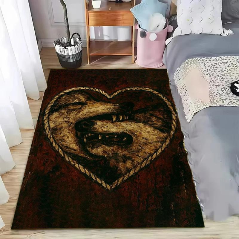 Gothic Dark Rope Heart Two Wolves Area Rug Dark Living Room Carpet Non Slip Floormat for Hallway Entryway Washable Retro Style