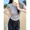 Summer Solid Color Shoulder Embroidery Round Neck Age-reducing Short-sleeved T-shirt Waist Fold Waist Thin Elastic Short Top