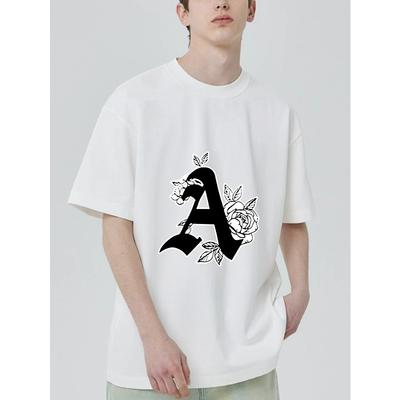 Schwarzes T-Shirt mit Buchstabe A und Rosen-Blumendruck für Freizeitkleidung