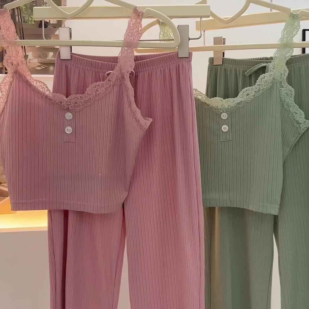 Two Piece Set Ladies Casual Camisole Pajamas Soft Homewear Summer Lace Camisole Pants Women Solid Striped Sexy Hottie Sleepwear