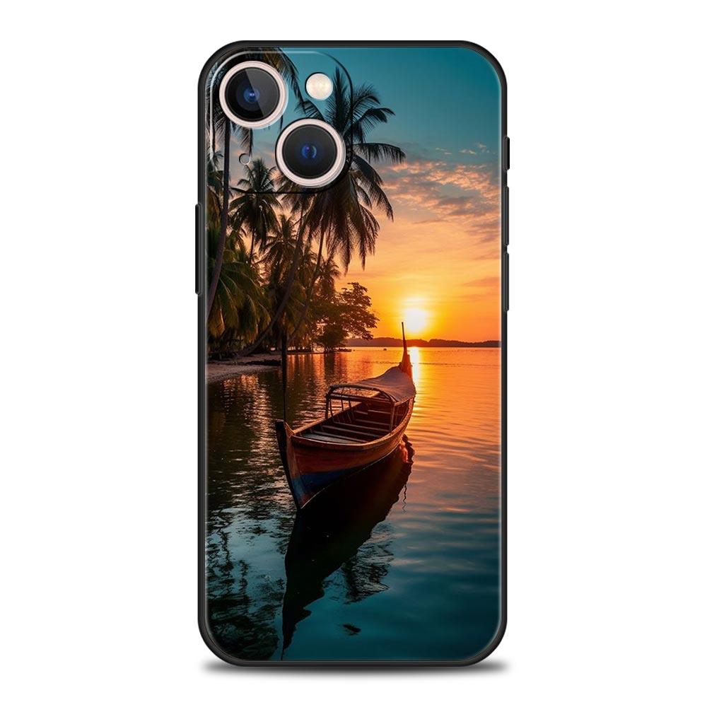 Summer Beach Scene At Sunset On Sea Palm Tree Phone Case For iPhone 16 13 15 14 12 11 Pro MAX XR X SE XS 7 8 Plus Soft TPU Cover