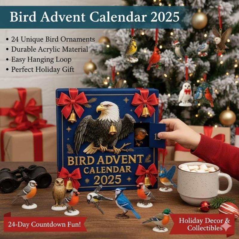 Calendar de Advent Păsări 2025, Calendar de Advent Păsări de Crăciun 24 Zile, Decorațiuni Păsări Plate 2D Acrilice pentru Agățat în Pomul de Crăciun