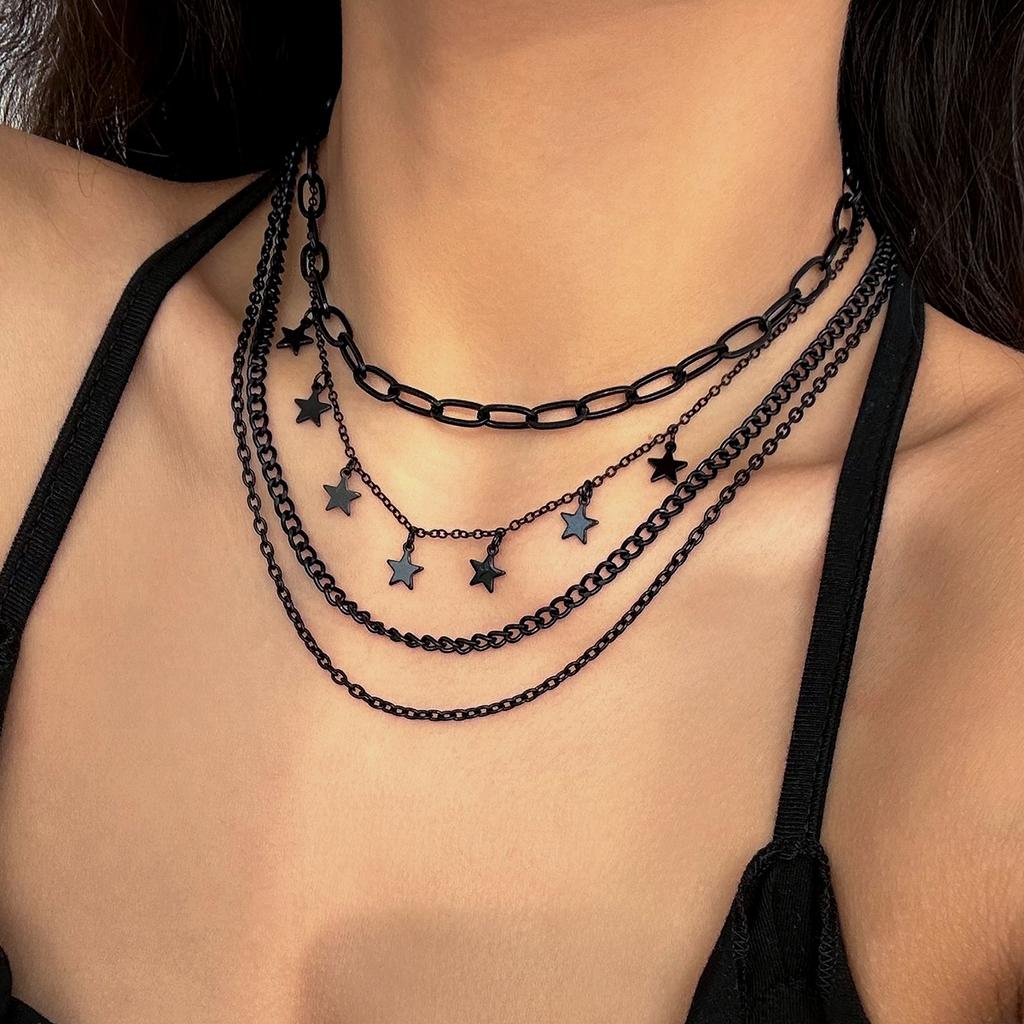 Salircon Gothic Dark Style Multi-layer Metal Necklace Fashion Star Pendant Short Collarbone Necklace Women's Trend Party Jewelry