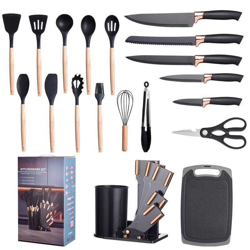 19-Piece Wooden Handle Silicone Kitchen Utensil Set with Spatulas, Spoons, Storage Bucket, and Knife Set