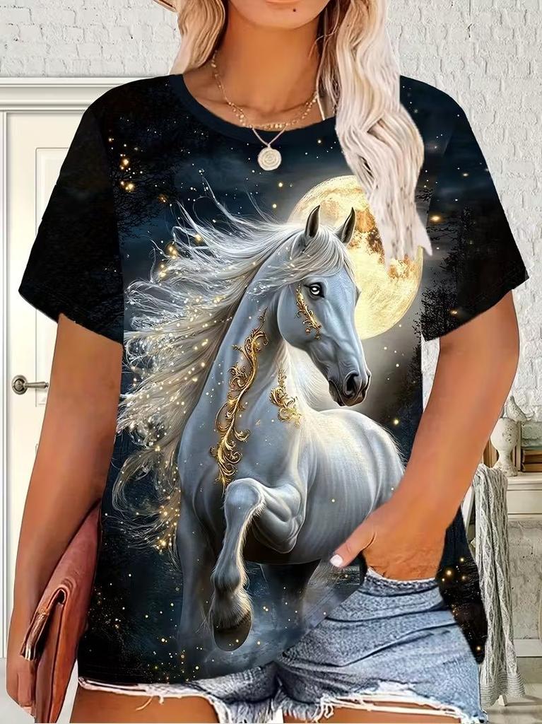 Summer New Horse Animal T-Shirts 3D Print Women's Round Neck Short Sleeve T Shirt Casual Tees Harajuku Y2K Tops Female Clothing