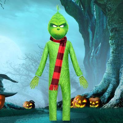 1 Set Children Halloween Jumpsuit Green Furry Animal Cosplay Costume Includes Masque Gloves Scarf Set Photo Prop Performance Clothes