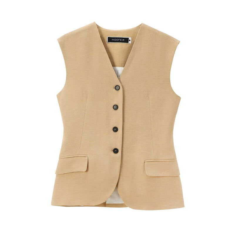 Women's Fashion Style Blended Vest Straight-Leg Pants Linen