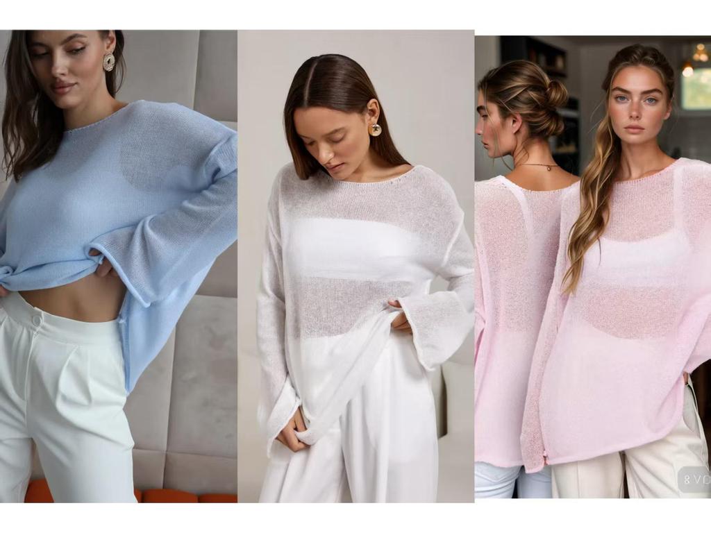 European-American Thin Round Neck Bell Sleeve Knitted See-through T-shirt (Spring/Summer 2025 Collection)