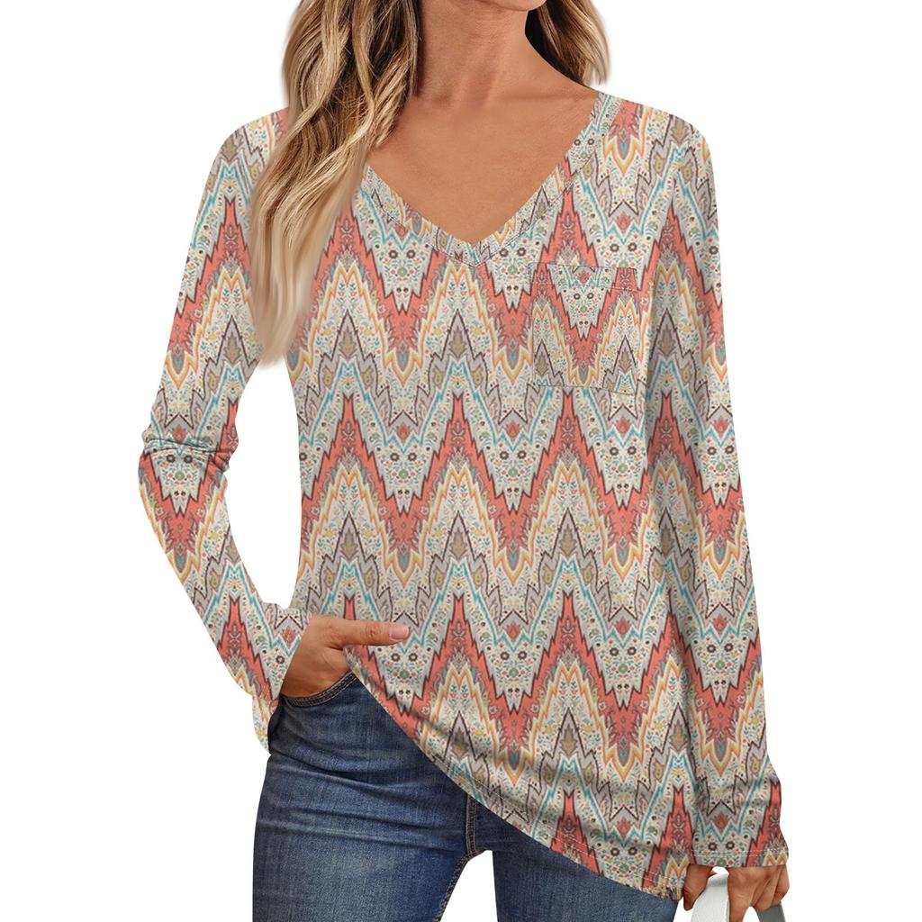 Women's Fashion Long Sleeve V-Neck Pullover Printed T-Shirt Top With Pocket