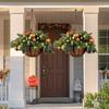 Pre-lit Artificial Christmas Hanging Basket-mixed Decorations And White LED Lights-frosted Berries