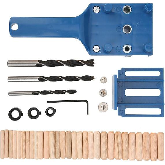Wood Doweling Hole Drill Guide, 6 8 10 mm Dowel Jig Kit Handheld Self Centering Pocket Straight Hole Puncher Saw Tools Set Metal Sleeve Pins Bit for