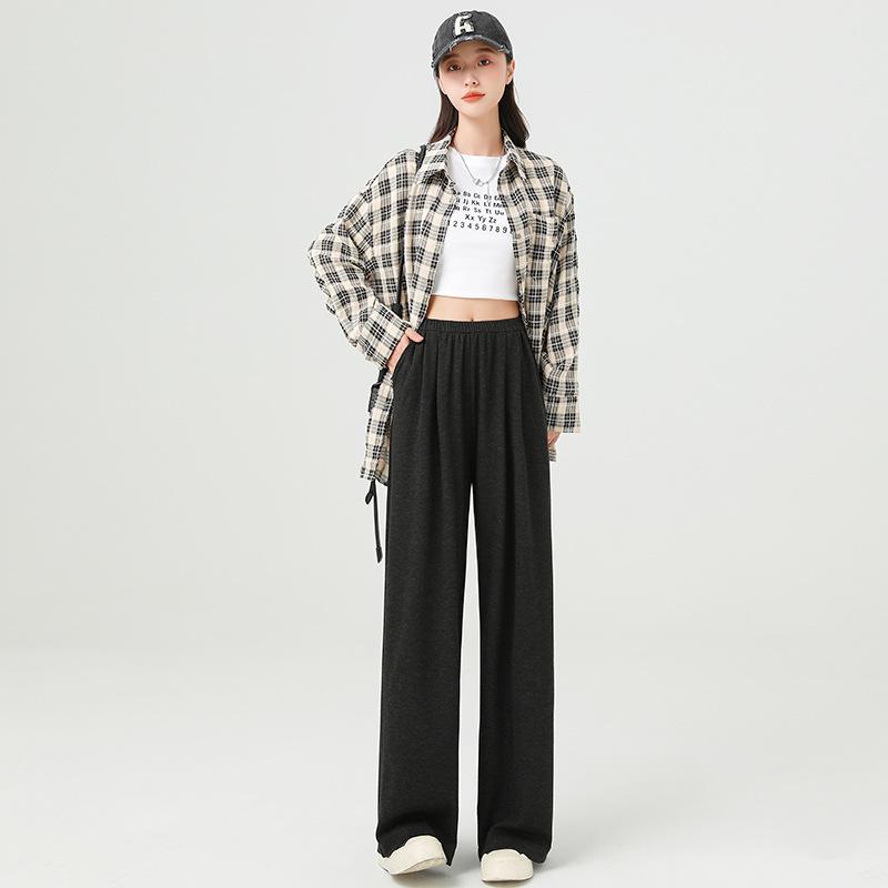 

High waist narrow version glutinous rice straight-leg pants women s autumn new lazy wind elastic waist drape casual wide-leg pants S