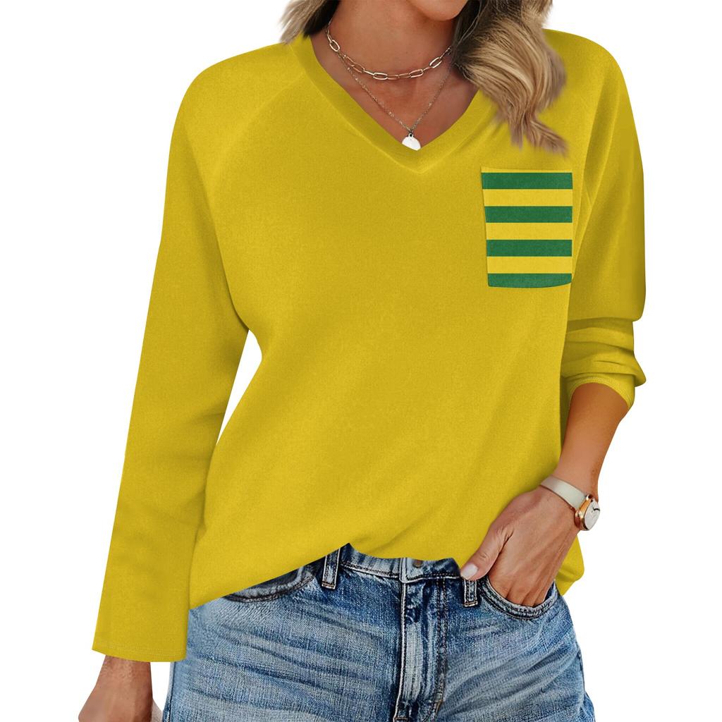 Women's Raglan Long Sleeve V-Neck T-Shirt Splicing Solid Color Casual Top Pullover V-Neck Pocket Bottoming Shirt