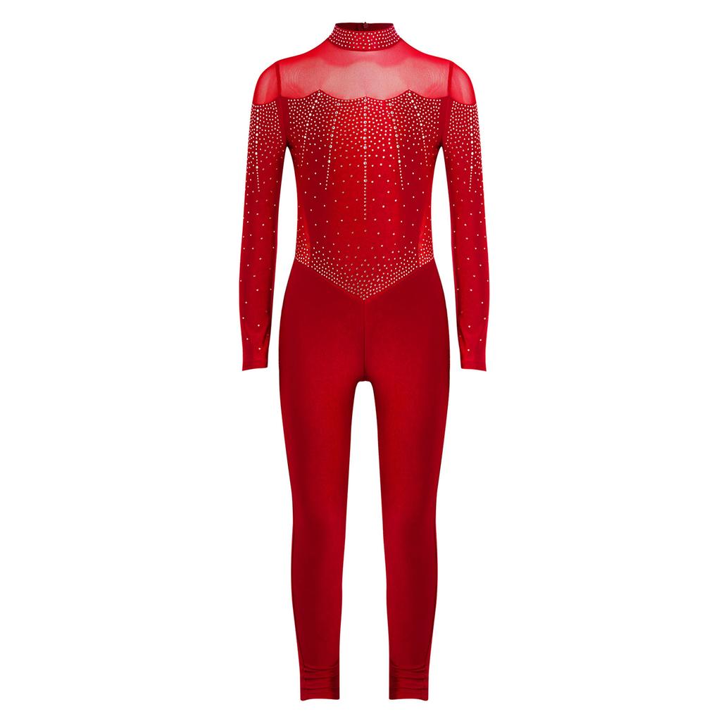 Dívčí lesklý kamínkový celotělový leotard s falešným límcem a dlouhým rukávem, kombinéza s průsvitnou síťovinou a patchworkem, krasobruslařské body