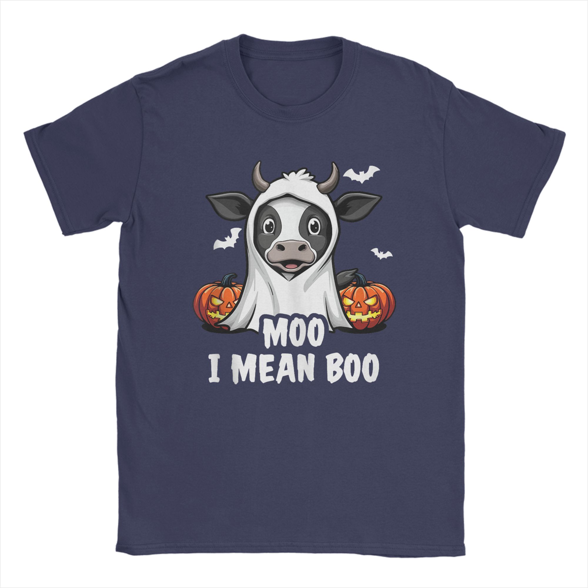 Moo I Mean Boo Funny Cow Wearing Halloween Ghost Men T Shirt Amazing Tee Shirt Short Sleeve Round Neck T-Shirt Cotton Summer Top 4XL