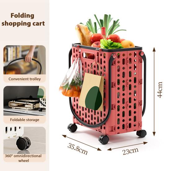 Folding Shopping Cart Collapsible Utility Cart with 360-Degree Swivel Wheels Lightweight Foldable Rolling Cart with Hooks for Grocery Shopping Laundry