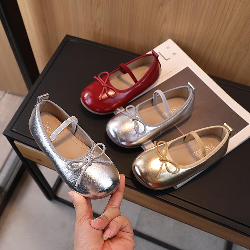Korean Style Bowknot Solid Color Comfortable Low Cut Casual Girls Kids Leather Shoes