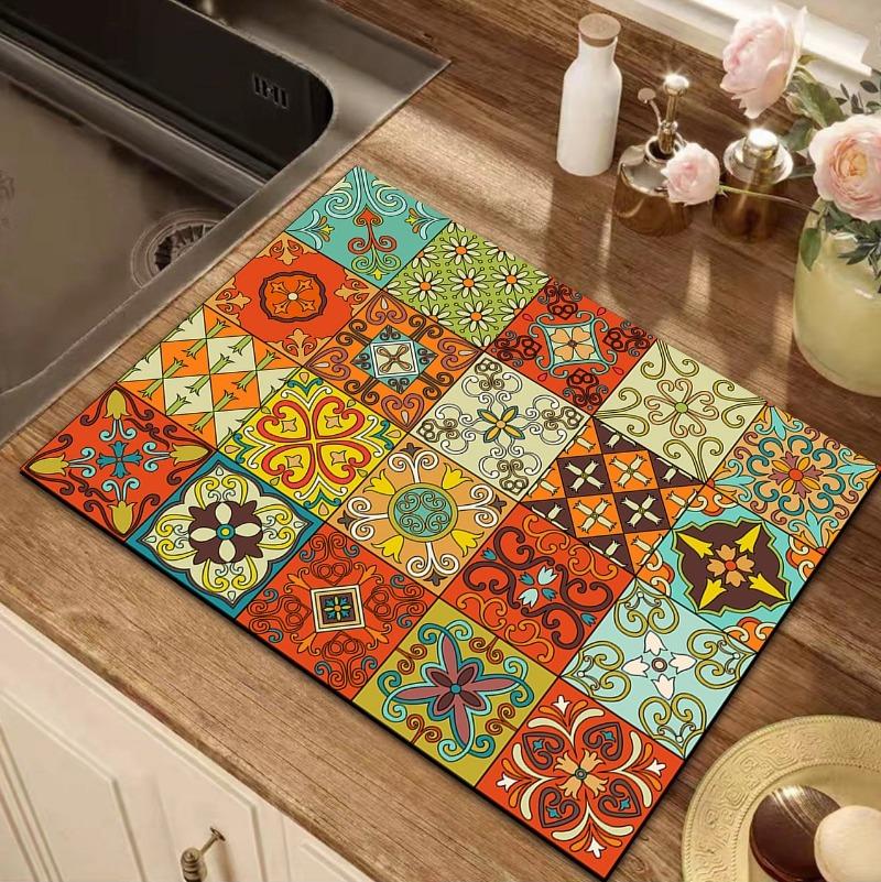 Retro Persian Pattern Drain Mat Fridge Top Non-slip Diatom Protector Mat Coffee Drain Pad Table Placemats for Home Decoration